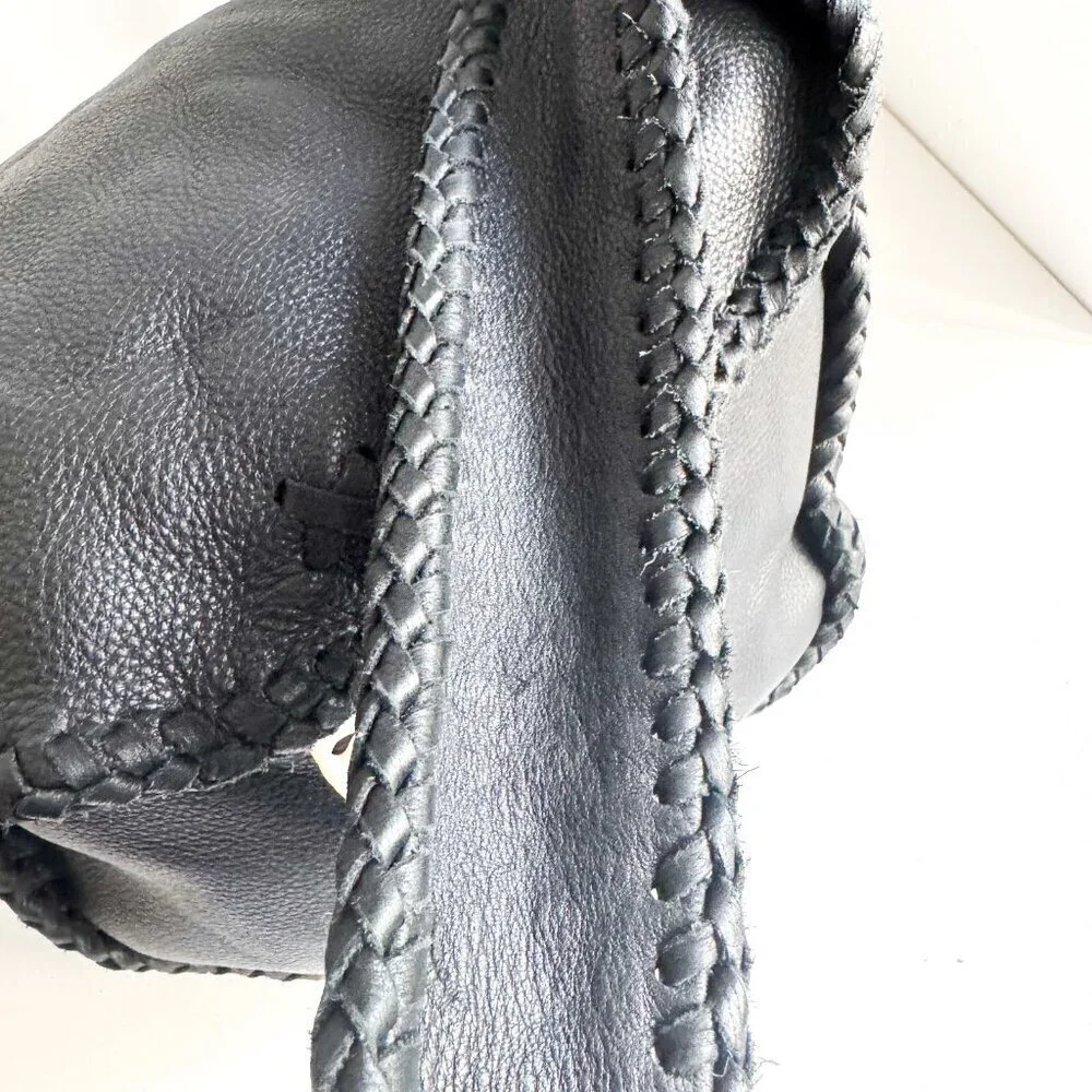 Vintage Black Leather Whipstitch Detail Slouchy Hobo Bag
